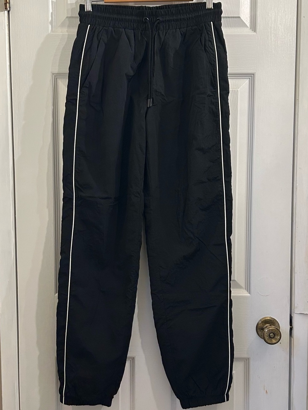 Garage Black Nylon Track Pants White Piping Joggers Drawstring Elastic Cuff S